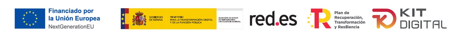 Logotipos de la iniciativa Kit Digital, financiada por la Unión Europea, el Gobierno de España, red.es, el Plan de Recuperación, Transformación y Resiliencia.